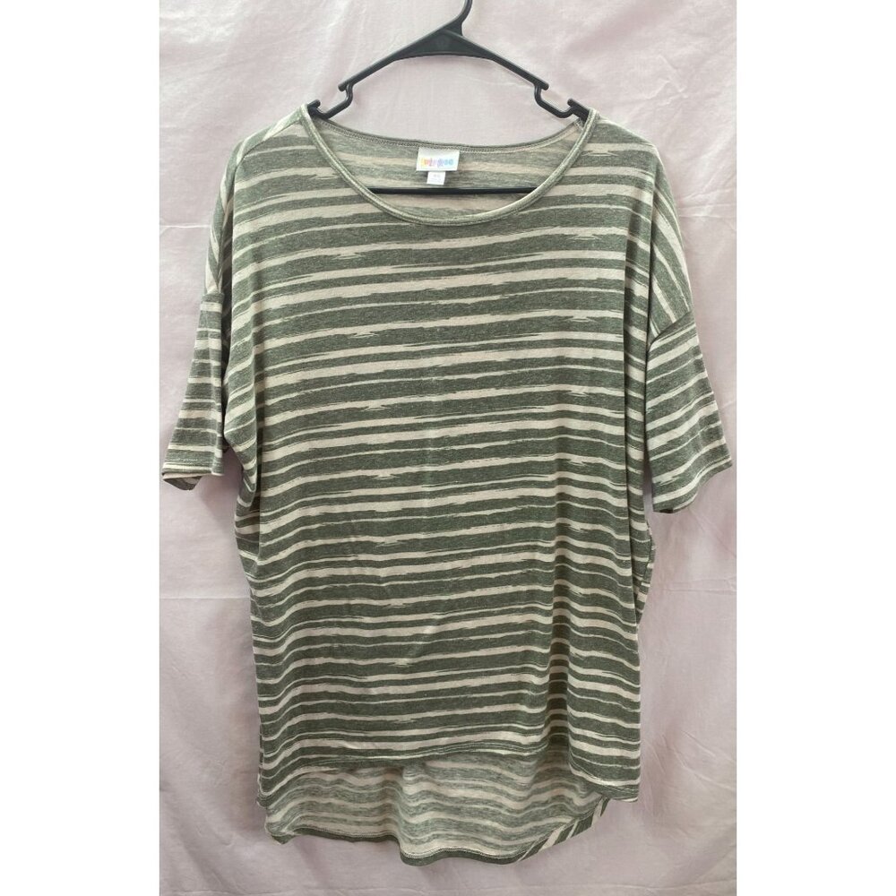 LulaRoe Irma Women's Size XS Green Stripe Short Sleeve Casual Pullover Top